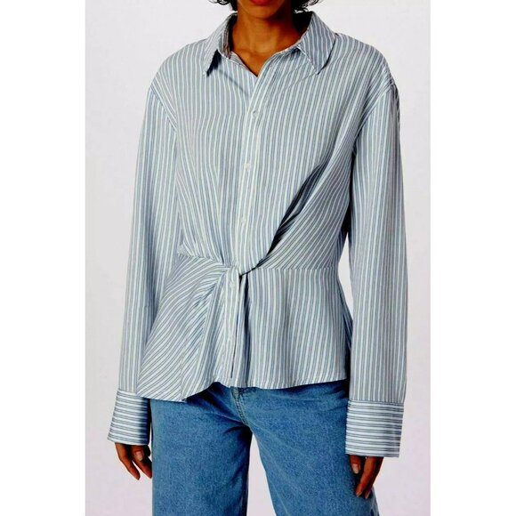 Topshop Striped Front Twist Knot Long Sleeve Button-Up Shirt Blue White Sz10 NEW - Picture 1 of 6